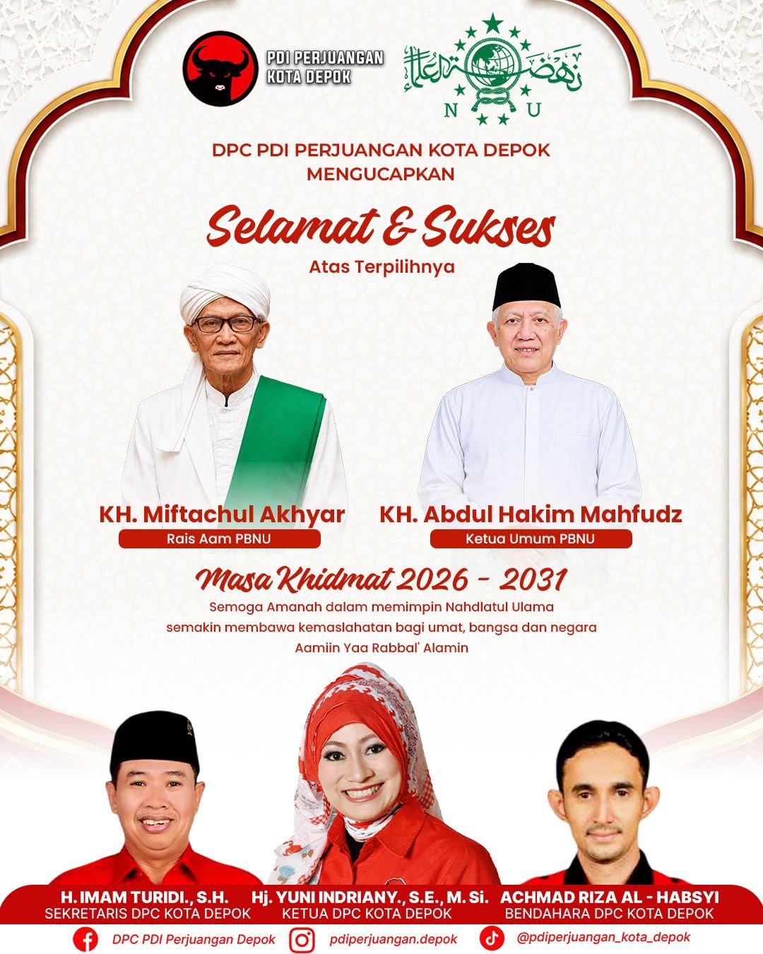 Resmi Tampuk PBNU 2026-2031, PDI Perjuangan Depok Ucapkan Selamat untuk Kiai Miftachul Akhyar dan Gus Kikin